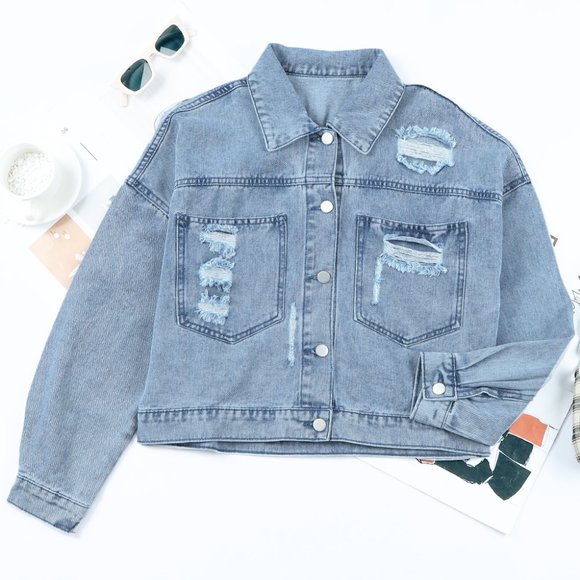 Sky Blue Rhinestone Fringe Denim Jacket - Picture 4 of 15